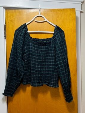 Madewell Dark Green and Black Smocked Plaid Peasant Top